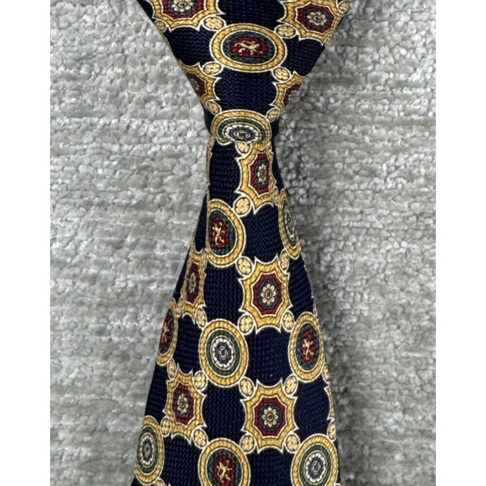 Tommy Hilfiger 90s Vintage Silk Necktie Geometric Medallion Blue Red Made in USA